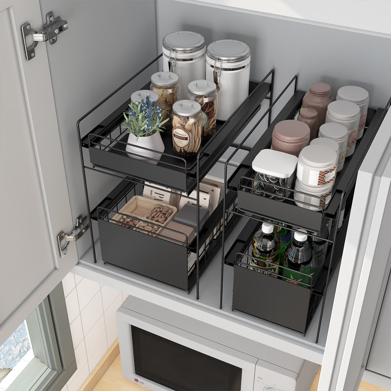 厨房抽拉式水槽下置物架落地橱柜内用品伸缩抽屉式柜子收纳分层架