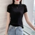 Phụ nữ mùa hè mới 2021 tính khí thời trang màu đen mỏng ngắn tay áo thun nữ thiết kế ngách cảm giác bó sát đầu - Áo phông Áo phông