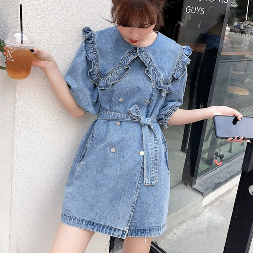 Кукла, синее летнее джинсовое платье, ретро элитная мини-юбка, кукольный воротник, оверсайз, французский ретро стиль, рукава фонарики