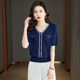 Летняя футболка с коротким рукавом, трикотажный свитер для матери, в стиле Шанель, 2024 года, оверсайз