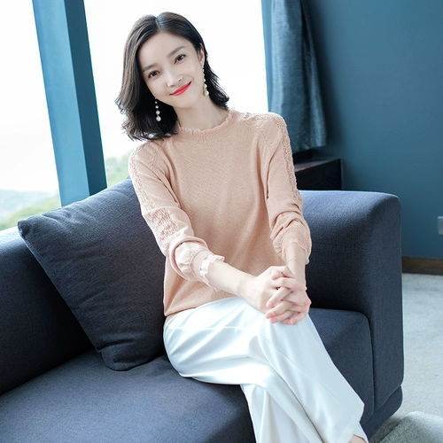 Демисезонная футболка, тонкий трикотажный кружевной шелковый приятный телу лонгслив для матери, коллекция 2022, осенняя