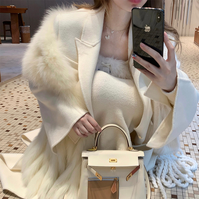 taobao agent Doggyqin nine -tailed fox/imported white fox hair scarf full wool coat women's winter woolen coat