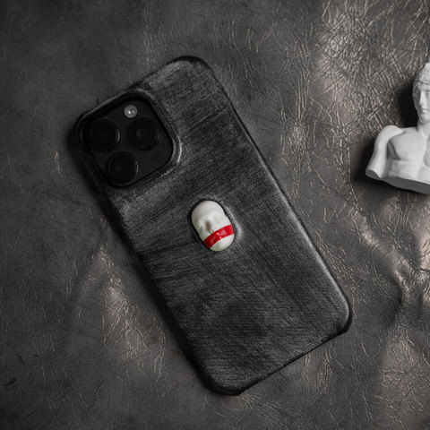 Matte Black Leather Handmade 3D Skull Illustration – 16, 15, 14, 13, 12 iPhone Case
