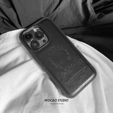 Chrome Hearts Black Leather Metal Cross iPhone Case