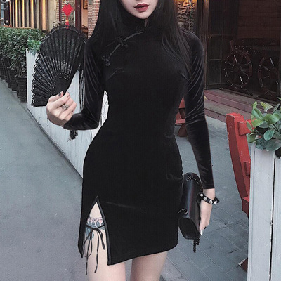 taobao agent Sexy demi-season cheongsam, dress, velvet mini-skirt, plus size, for transsexuals, high waist