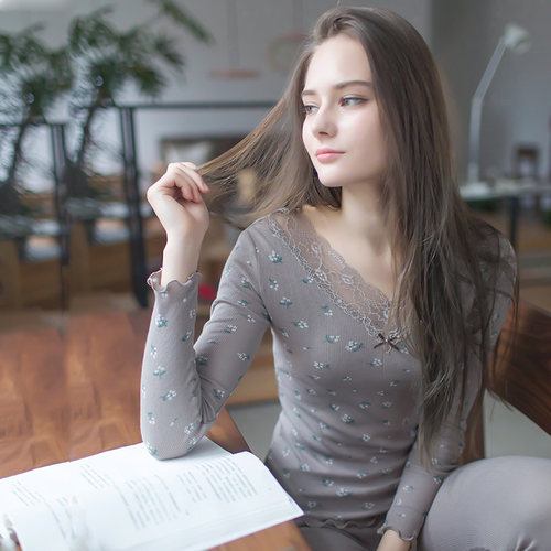 顶呱呱秋衣秋裤女纯棉套装内衣棉毛衫全棉薄款顶瓜瓜线衣线裤女士