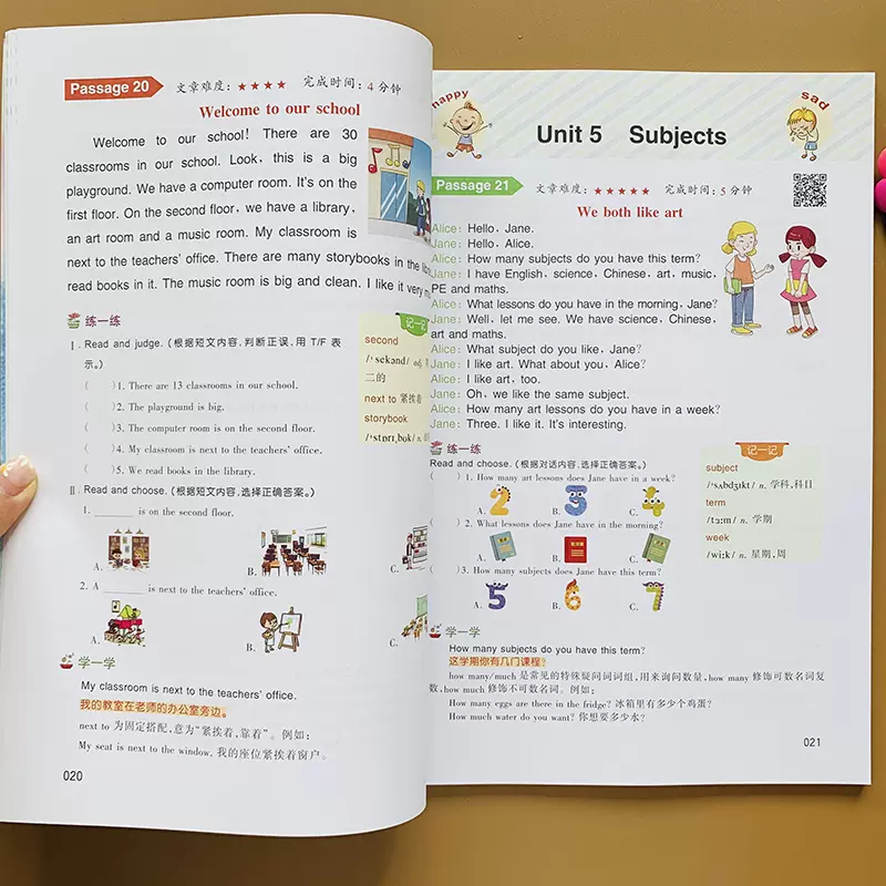 扫码小学生三年级英语阅读理解100篇英文文章阅读分析填空专项训练书句型语法强化训练题3年级同步小学生英语课外阅读专项练习题