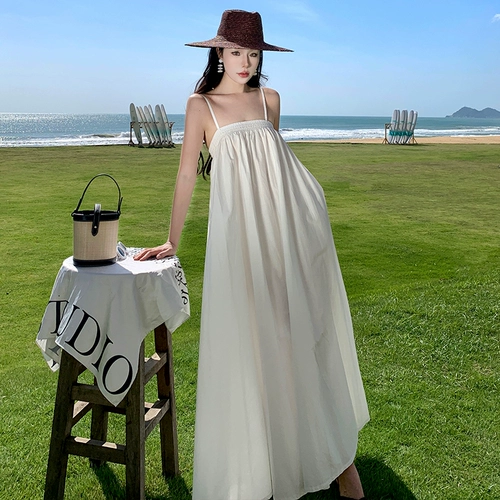 Белое освежающее платье, длинная юбка, квадратный вырез, оверсайз