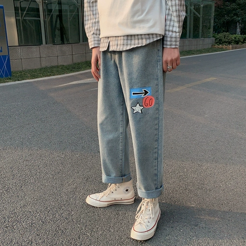 Летние джинсы, тонкие штаны, эластичная талия, свободный прямой крой, в корейском стиле