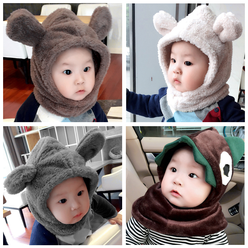 婴儿冬季6-12个月加绒加厚保暖男女宝宝围巾帽子一体1-2岁护耳帽
