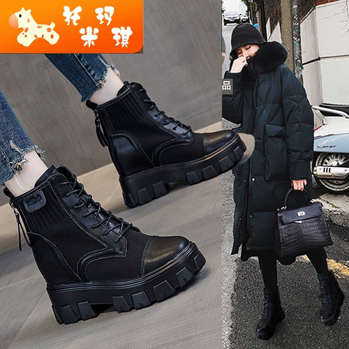 9 см в материковой высокой двойной молнии, летающая ткачество, толстый нижний слайд и модные хлопковые туфли снежные ботинки Martin Boots самка