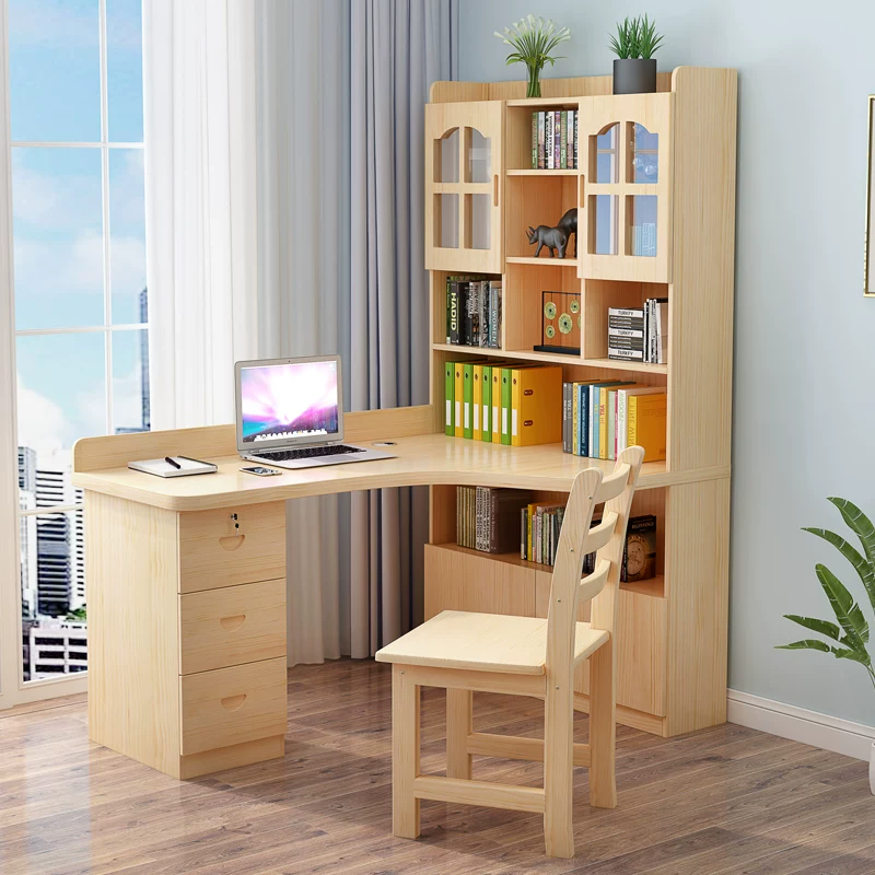 Solid wood corner desk bookshelf integrated desk combination students learn computer desktop tabletop household corners, small units