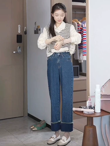 Весенний небольшой комплект, жилет, рубашка, джинсы, в стиле Шанель, 3 предмета