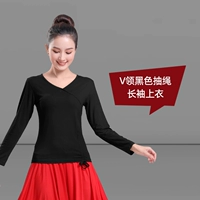 Черный лонгслив, V-образный вырез, на шнурках