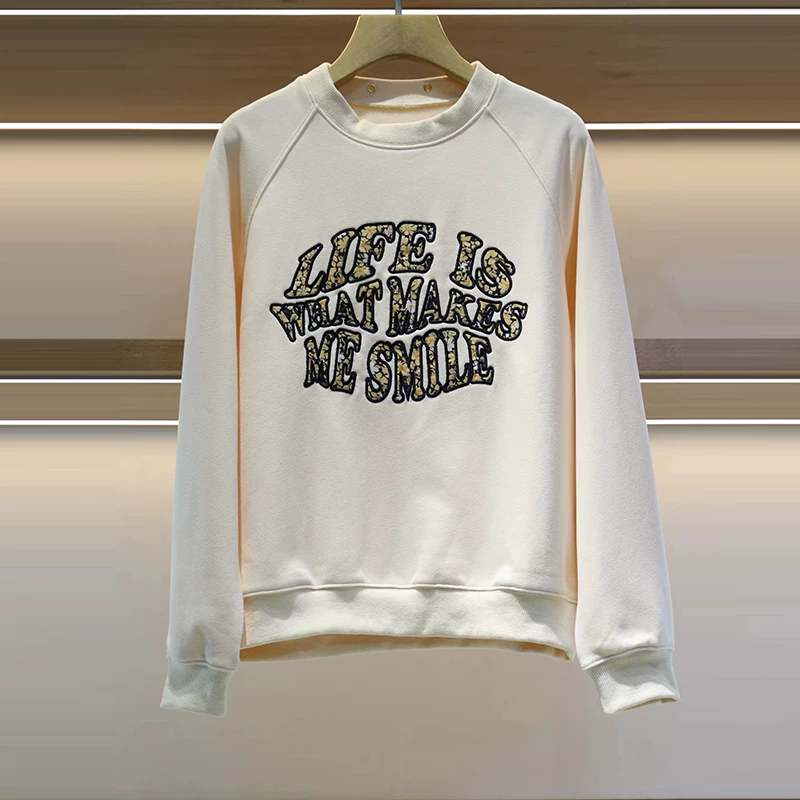 Demi-season sweatshirt with a round collar, with embroidery, oversize