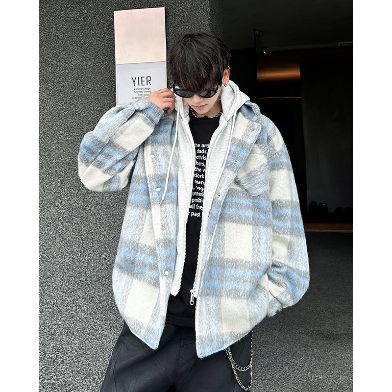 Chaqueta de lana a cuadros Xiaoxiangfeng para hombre, chaqueta informal con capucha estilo universitario, holgada, de moda de invierno_voghion.com