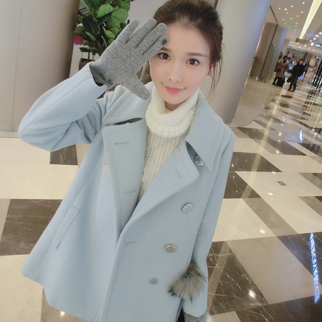 fancystyle 自带一颗真毛球的浅湖绿毛呢翻领外套 agm63043