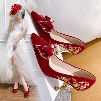 taobao agent Wedding shoes high heels, footwear with butterfly for bride, 2022 collection, Chinese style, restless legs relief