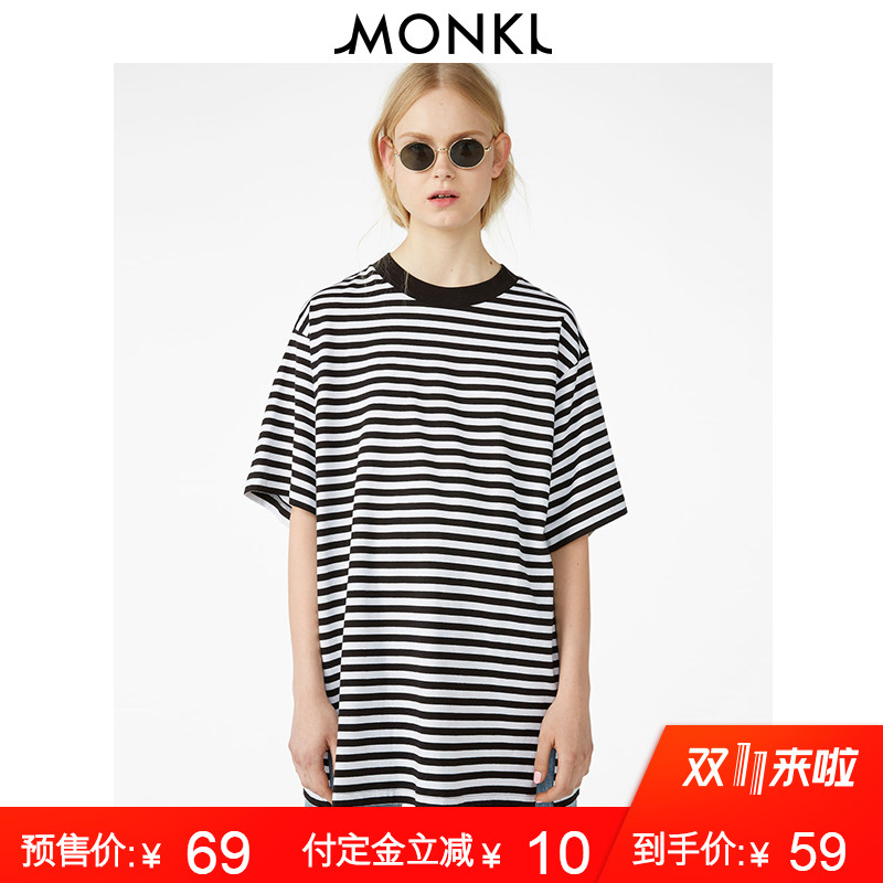 【预售】MONKI2018新款 时尚简约条纹圆领宽松长款短袖T恤女