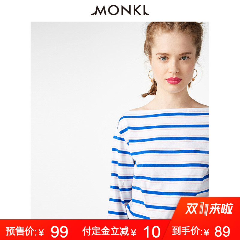 【预售】MONKI2018年新款减龄条纹印花一字领修身长袖T恤女