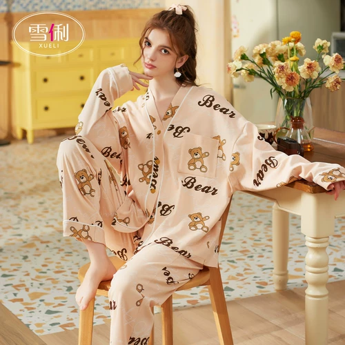 Осенняя демисезонная хлопковая пижама, милый комплект, коллекция 2023, длинный рукав, большой размер