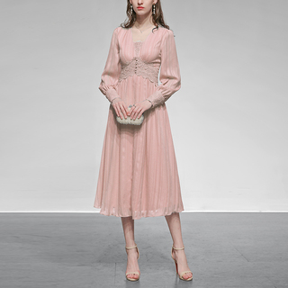粉色雪纺长裙气质性感长袖收腰中长款连衣裙女装春装2022新款
