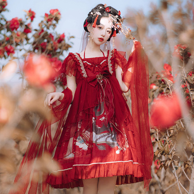 taobao agent Genuine design summer red colored dress, Lolita style, flowered