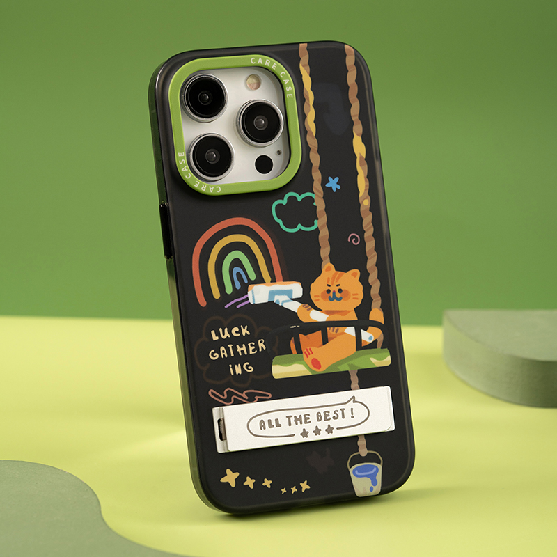 CARECASE Custodia per telefono con supporto a forma di gatto verde, adatta per iPhone 16, 15, 14 e 13 Pro Max, design creativo_voghion.com