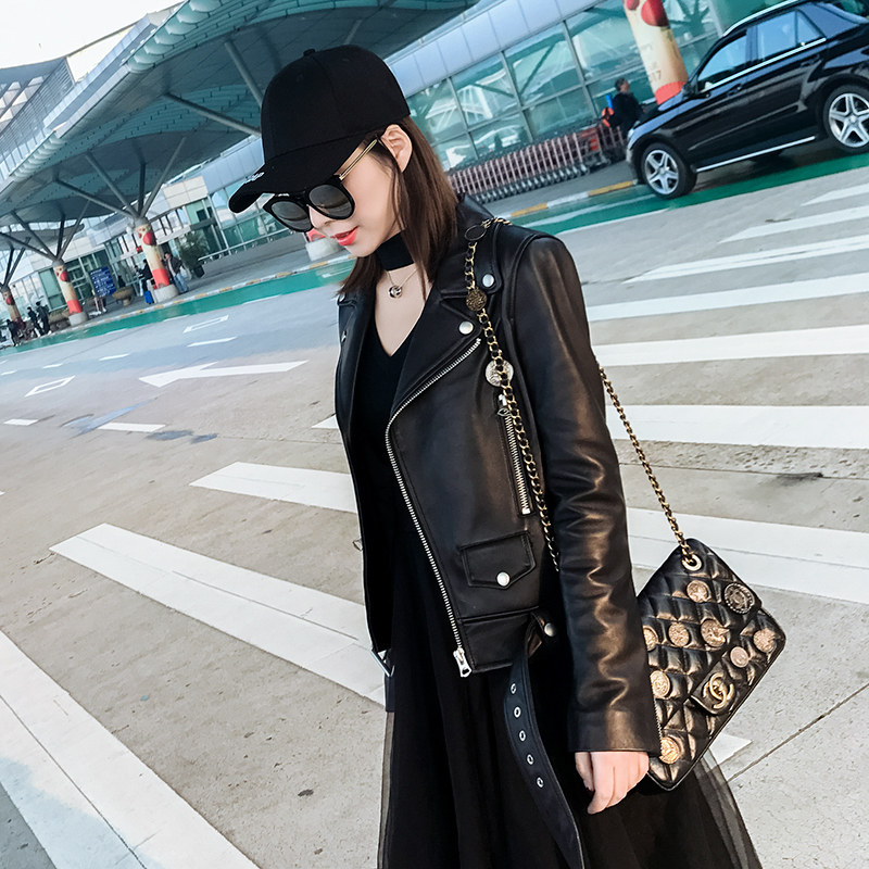 ac真皮机车皮衣女短款新西兰绵羊皮夹克外套2017春秋新款韩版 1ne