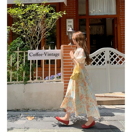 Платье, длинная юбка, (в наличии на складе), высокая талия, в цветочек, в корейском стиле, средней длины, А-силуэт