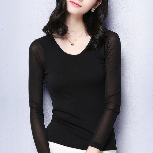 百搭纱衣打底衫女长袖加绒网衫黑色内搭网纱t恤沙体蕾丝上衣秋