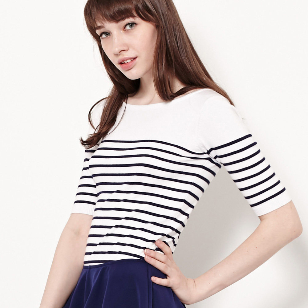 中袖条纹t恤海军风体恤打底针织衫短袖棉 五分袖一字领上衣春女装