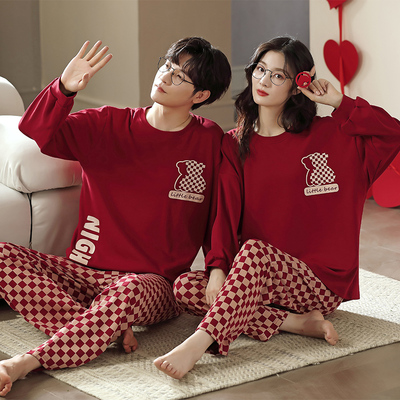 taobao agent Autumn red pijama, uniform, couple clothing for lovers, cotton, can be worn over clothes