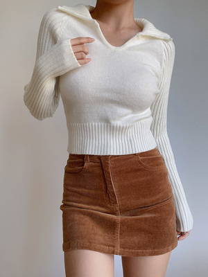 taobao agent Retro cute colored short fitted brace, knitted long-sleeve, high collar, high waist