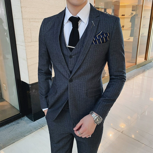 Мужской комплект, пиджак классического кроя, свадебное платье, 3 предмета, в корейском стиле