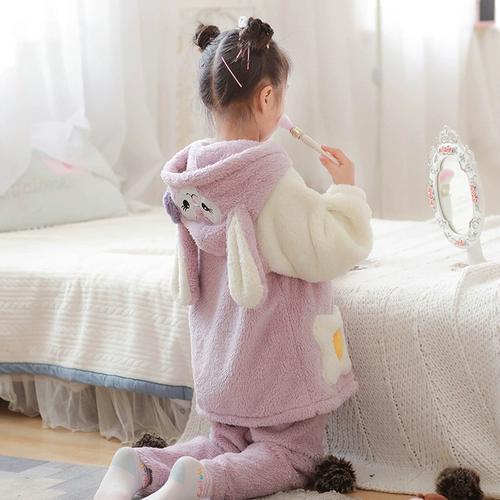 Детская зимняя коралловая бархатная пижама, мультяшный фланелевый кролик, зимний бархатный комплект, увеличенная толщина