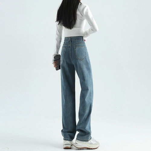 Ретро демисезонные осенние приталенные прямые свободные джинсы, штаны, свободный крой, для формы тела «груша»