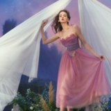 Сиреневое платье, длинная юбка, французский стиль, из фатина, эффект подтяжки, градиент