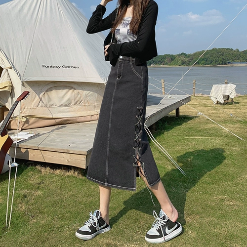 Черная приталенная сексуальная длинная джинсовая юбка, высокая талия, изысканный стиль, средней длины, А-силуэт