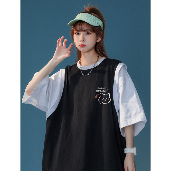 Ретро летняя футболка, хлопковый комплект, в американском стиле, свободный крой, для средней школы, короткий рукав, оверсайз