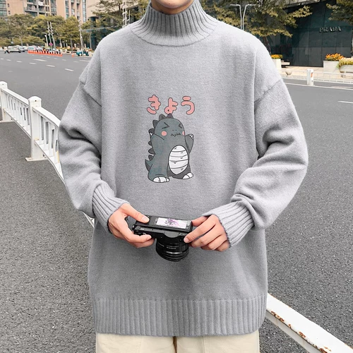 Флисовый динозавр, свитер, трендовая трикотажная утепленный лонгслив, пуховик, высокий воротник, оверсайз, в корейском стиле