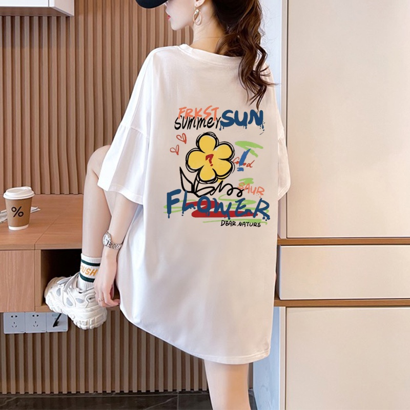 橘色花朵印花纯棉短袖t恤女2025新款夏季宽松中长款遮屁股上衣潮