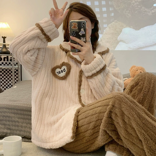 Коралловая бархатная демисезонная пижама для выхода на улицу, удерживающий тепло утепленный комплект, с медвежатами, коллекция 2022