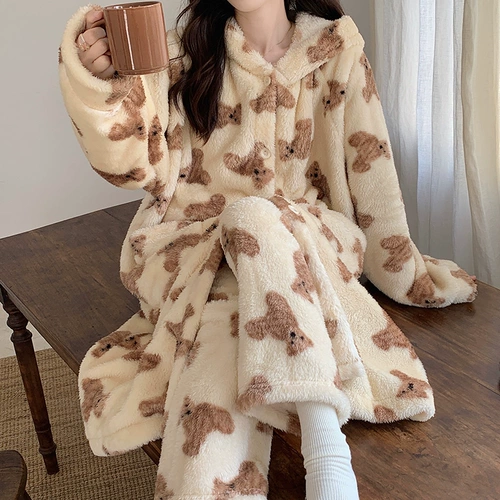 Коралловая бархатная пижама, длинный демисезонный банный халат, комплект, с медвежатами, популярно в интернете, коллекция 2023, увеличенная толщина