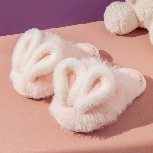 Детские зимние тапочки, розовый мультяшный удерживающий тепло плюшевый нескользящий кролик, коллекция 2022, мягкая подошва