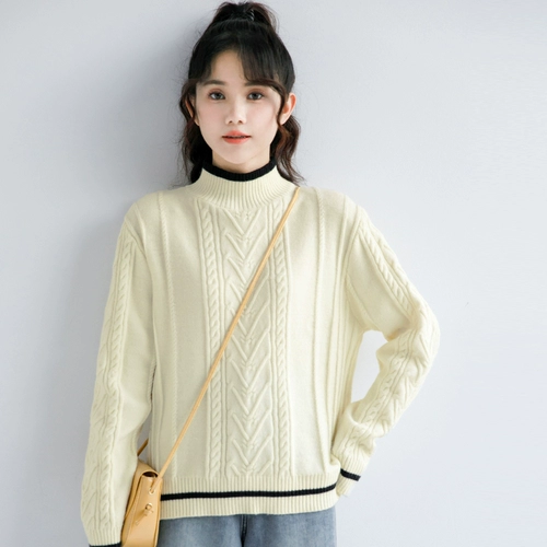 Зимний абрикосовый цветной свитер, зимние трикотажные джинсы с начесом, 2023, высокий воротник, оверсайз