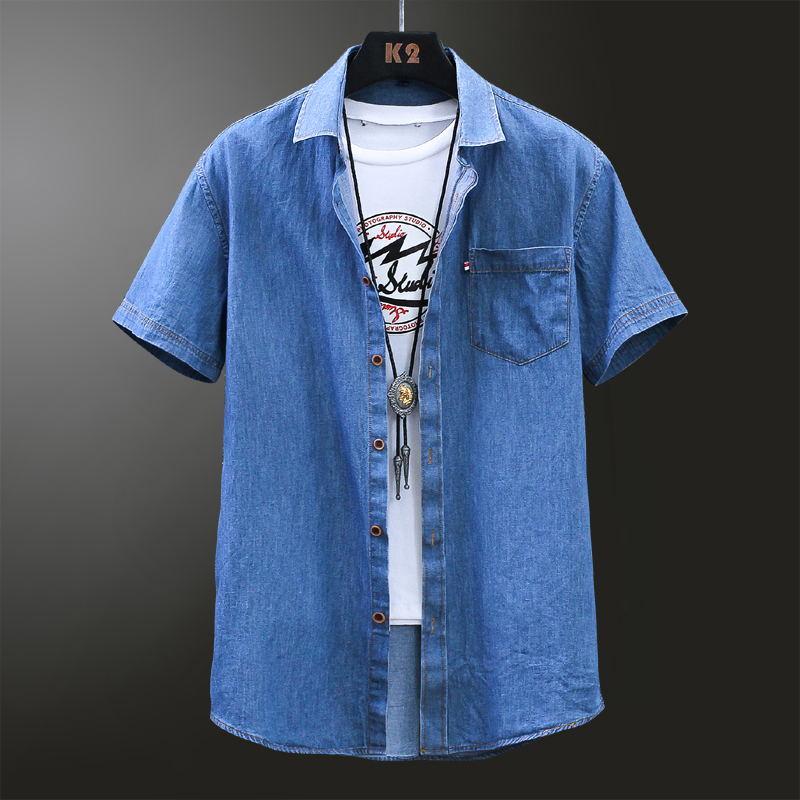 Wathetsummer wear Thin cowboy Short sleeve male shirt Korean version trend solar system Retro Versatile Middle sleeve shirt Jeans loose coat
