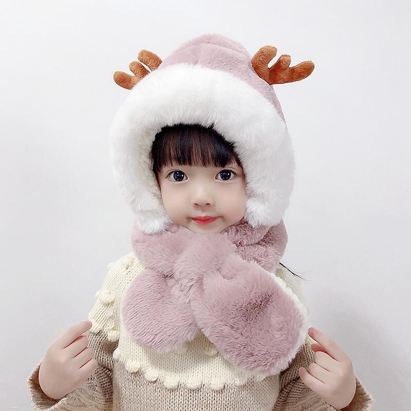 圣诞鹿角儿童帽子冬季护耳帽围巾手套一体帽小熊款男女童可爱萌娃