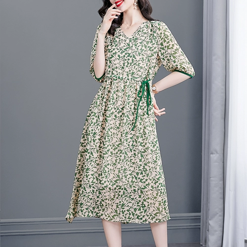 Элитное зеленое летнее платье, юбка, V-образный вырез, цветочный принт