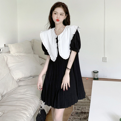taobao agent Summer dress, pleated skirt, plus size, doll collar, Korean style, fitted, high waist